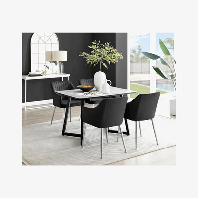 The Range Carson White Marble Effect Dining Table and 4 Calla Silver Leg Chairs - Black