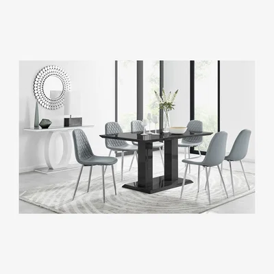 The Range Imperia 6 Black Dining Table and 6 Corona Silver Leg Chairs - Grey
