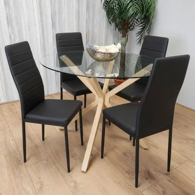 The Range 4 Seater Round Glass Dining Table with 4 Black Faux Leather Chairs - Neutral