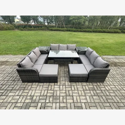 The Range Fimous Rattan Sofa Dining Set with 2 Side Tables & Footstools - Dark Grey