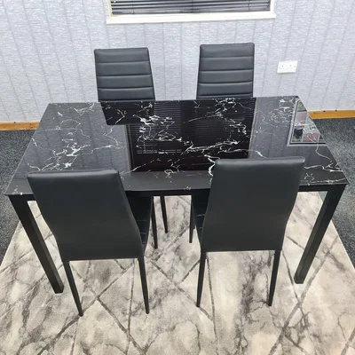 The Range Marble Effect Black Dining Table, 4 Black Faux Leather Metal Chairs Dining Set - Black