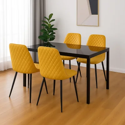The Range Modern Black Glass Dining Table Set with 4 Mustard Chairs - Black