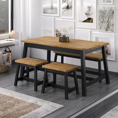The Range Corona Live Edge Dining Table and Triple Bench Dining Set - Black