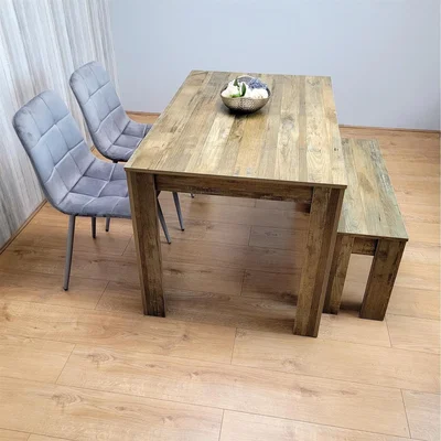 The Range Dining Table with 2 Velvet Chairs and Bench Set - Rustic Effect