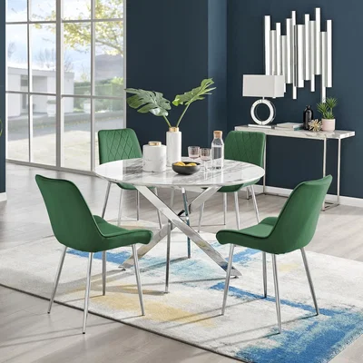 The Range Novara White Marble Effect 120cm Dining Table  4 Pesaro Silver Chairs - Green