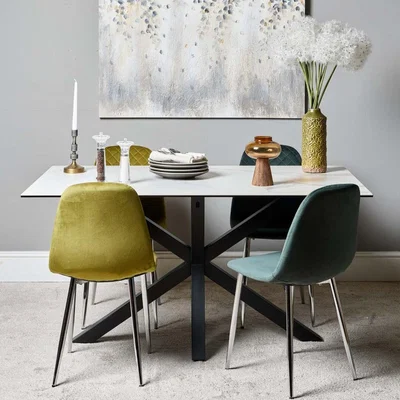 The Range Eastcote White 150cm Dining Table  Archie Chrome Leg Chairs - Green