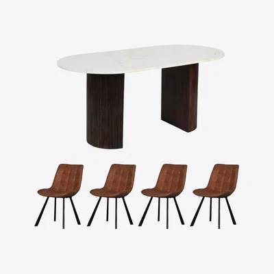 The Range Luxor Solid Mango Wood Dining Table Set 170Cm With Marble Top And 4 Chairs - Dark Wood