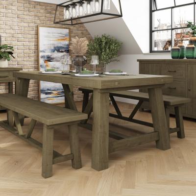 The Range Solid Reclaimed Natural Pine 2M Fixed Top Table Dining Set - Natural Brown