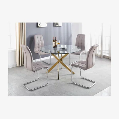 The Range Novara Gold Metal Large Round Dining Table with 4 Murano Chairs Set - Yellow