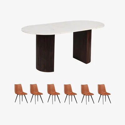 The Range Luxor Solid Mango Wood Dining Table Set 170Cm With Marble Top And 6 Chairs - Dark Wood