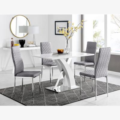 The Range Atlanta 4 White Dining Table and 4 Velvet Milan Chairs - Grey