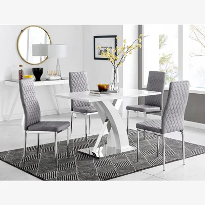 The Range Atlanta 4 White Dining Table and 4 Velvet Milan Chairs - Grey