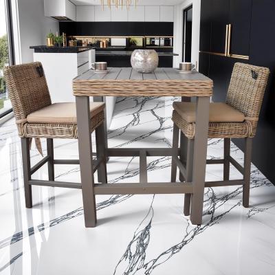 The Range Solid Reclaimed Pine Bar Table With 2 Padded Chairs Grey Wash Rattan - Greywash