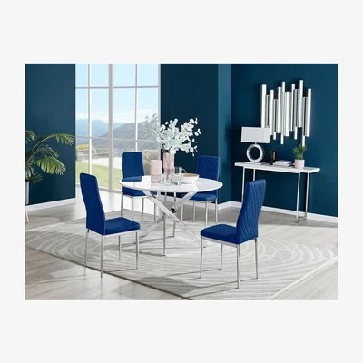 The Range Novara White High Gloss 120cm Round Dining Table and 4 Velvet Milan Chairs - Navy