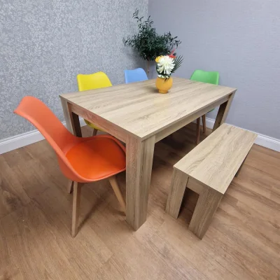 The Range Oak Effect Dining Table Set With 4 Mix Plastic Chairs And Bench Dining Room Furniture - Brown