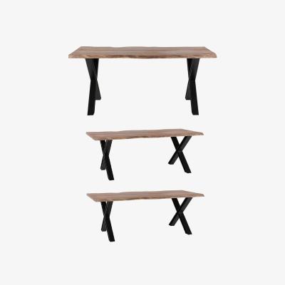 The Range Live Edge Large Acacia Wood And Metal Dining Table Set And 2 Benches - Light Wood