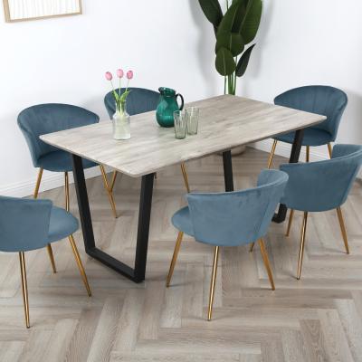 The Range Wood-effect Dining Table Set with 6 Mill Velvet Chairs - Teal Velvet and Gold Legs / Gold