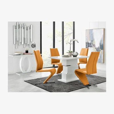 The Range Apollo Rectangle White High Gloss Chrome Dining Table And 4 Willow Chairs - Mustard