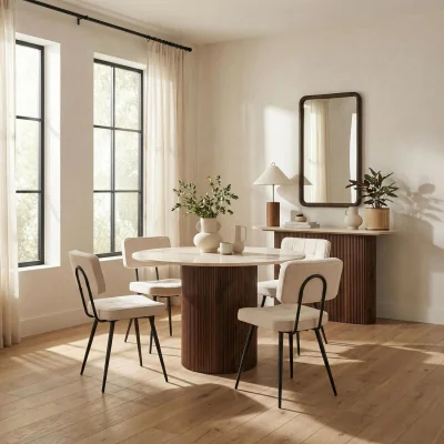 The Range Penrose Round Marble & Walnut Effect Dining Table w 4 Braxton Chairs - Cream
