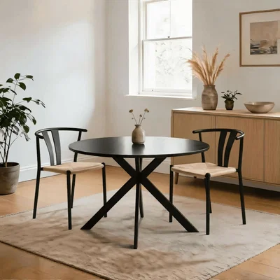 The Range Eira Metal Cross Pedestal Round Dining Table with Black Metal Chairs  - Black & Natural