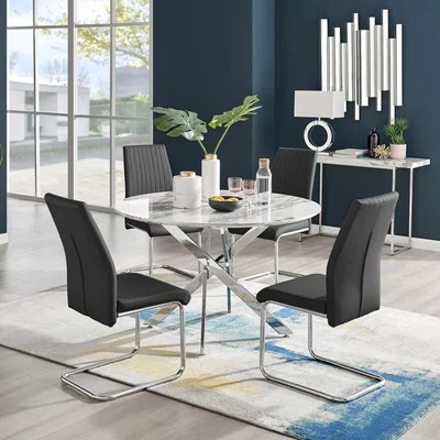 The Range Novara White Marble Effect 120cm Dining Table  4 Lorenzo Chairs - Black