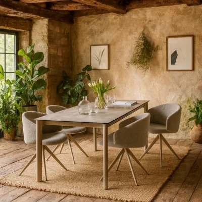 The Range Cardiff Ceramic Dining Table with 4 Boucle Swivel Chairs - Beige