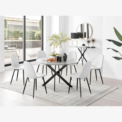 The Range Novara Grey Concrete Black Leg 120cm Dining Table  6 Corona Black Leg Chairs - White
