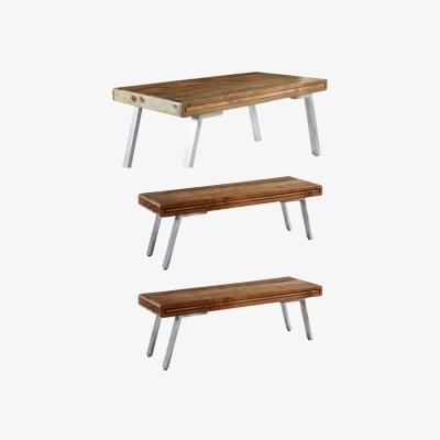 The Range Retro Wood And Metal Large Dining Table Set With 2 Benches - Natural Wood