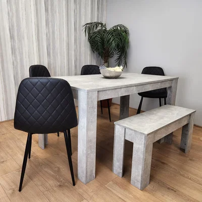 The Range Stone Grey Effect Table with Chairs and Bench Dining Set - Grey Black