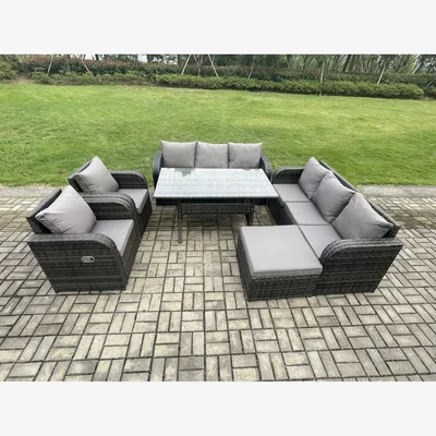 The Range Fimous 6-Piece Rattan Patio Dining Set with Sofa & Footstool - Dark Grey