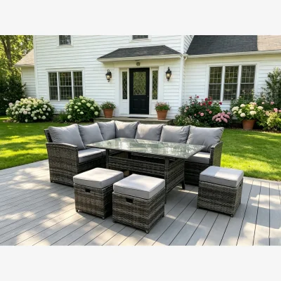 The Range Semi-Assembled 9 Seater Rattan Corner Sofa Dining Set Patio - Dark Grey Mixed