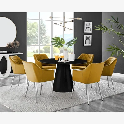 The Range Palma Black Semi Gloss Round Dining Table and 6 Calla Silver Leg Chairs - Mustard