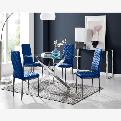 The Range Leonardo 4 Table and 4 Velvet Milan Black Leg Chairs - Navy