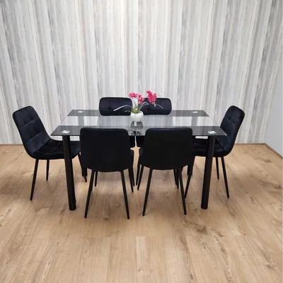 The Range Dining Table and 6 Velvet Chairs Black Glass Set - Black Clear