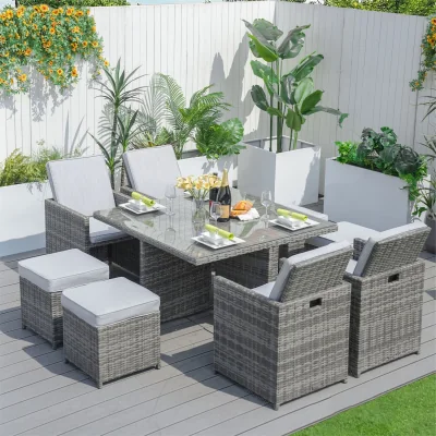 The Range 8-Person Aluminum Rattan Dining Set with Glass Table, 4 Chairs, 4 Stools - Grey