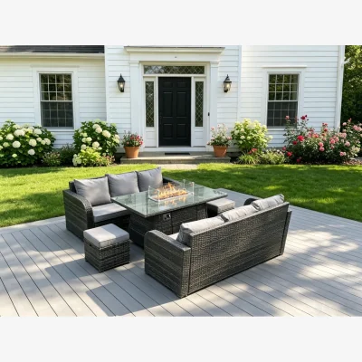 The Range Rattan 8 Seater Gas Fire Pit Sofa Dining Set Stools - Dark Grey Mixed