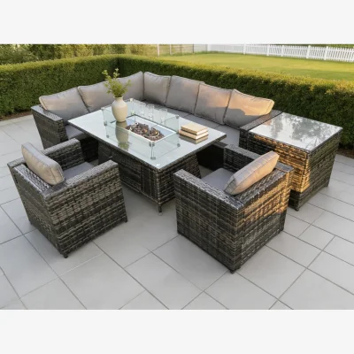 The Range Rattan 8 Seater Gas Fire Pit Corner Dining Set Side Table Chairs - Dark Grey Mixed