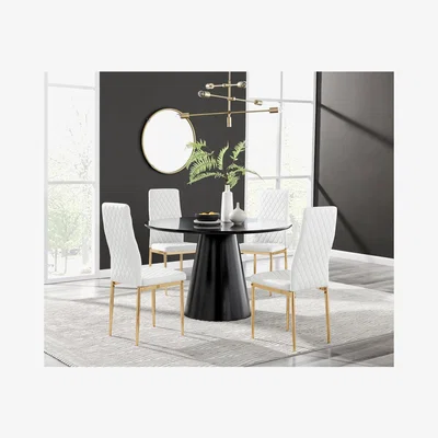 The Range Palma Black Semi Gloss Round Dining Table and 4 Milan Gold Leg Chairs - White