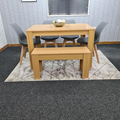 The Range KOSY KOALA 6 Seater Modern Light Wood Dining Table Set with 4 Grey Plastic Tulip Chairs and Bench H75 x L140 x W80 cm