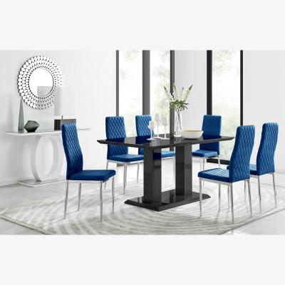 The Range Imperia 6 Black Dining Table and 6 Velvet Milan Chairs - Navy