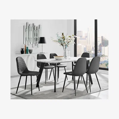 The Range Andria Black Leg Marble Effect Dining Table and 6 Corona Black Leg Chairs - Black
