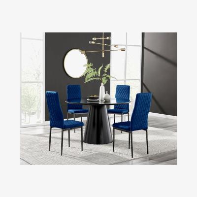 The Range Palma Black High Gloss Round Dining Table and 4 Velvet Milan Black Leg Chairs - Navy