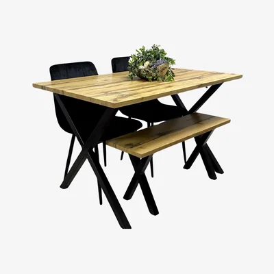 The Range Rectangular Dining Table Velvet Chairs and Bench Set - Natural