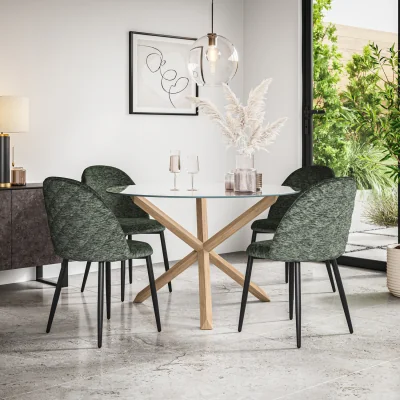 The Range Malvern Glass Top With Oak Leg Round Dining Table & 4 Raye Velvet Chairs - Green