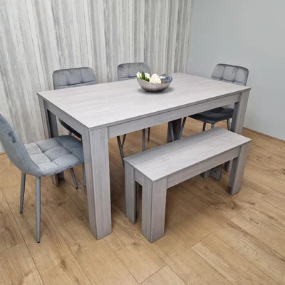 The Range Grey Dining Table Set With 4 Grey Tufted Velvet Chairs And 1 Matching Bench - Grey