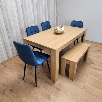 The Range Dining Table Set for 6 Oak Effect With 4 Blue Velvet Chairs and 1 Bench - Blue