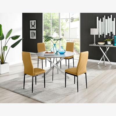 The Range Novara Grey Concrete Effect 120cm Round Dining Table 4 Milan Black Leg Chairs - Mustard