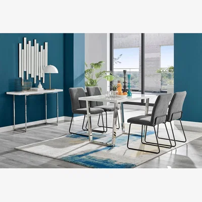 The Range Kylo White High Gloss Dining Table and 4 Halle Chairs - Dark Grey