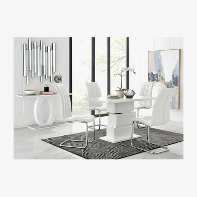 The Range Apollo 4 Rectangle Chrome High Gloss Kitchen Dining Table And 4 Murano Chairs - White