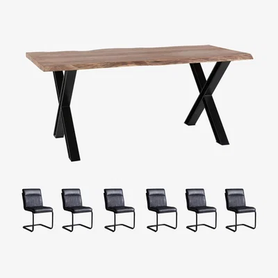 The Range Live Edge Acacia Wooden And Metal Large Dining Table Set And 6 Chairs - Light Wood